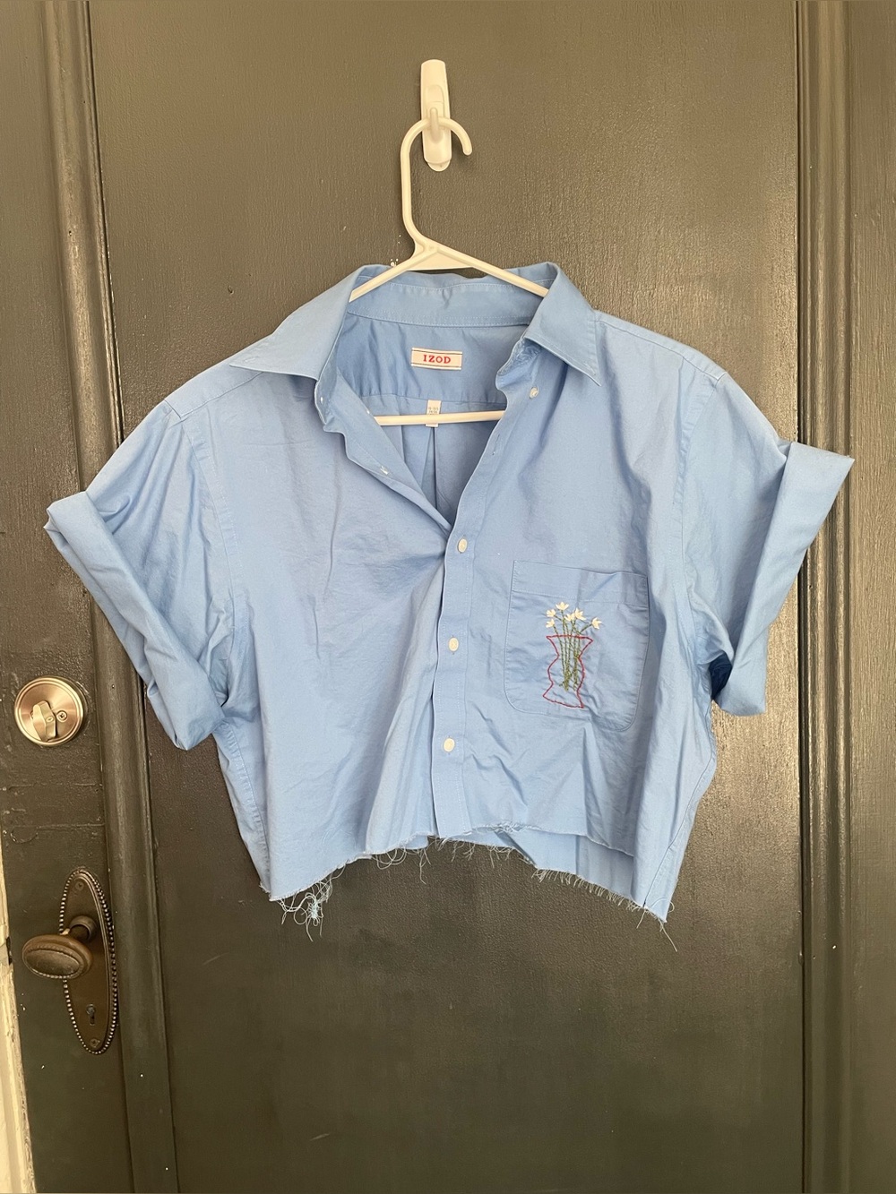 Light Blue Cropped Button-Down Shirt with Embroidered Pocket